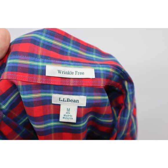 L.L.Bean Mens Wrinkle Free Plaid Long Sleeve Shirt M Red/Blue Check Cottagecore - Picture 2 of 9